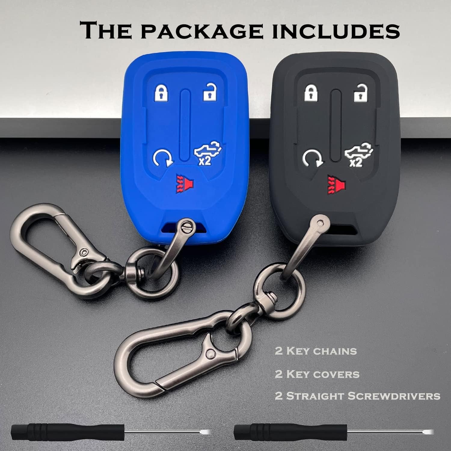 2PCS Silicone Smart Key Fob Case Cover for 2023 2022 2021 2020 2019 Chevy Silverado and GMC Sierra 1500 2500HD 3500HD, Remote Protector Accessories Holder(5-Button, Black and Blue)